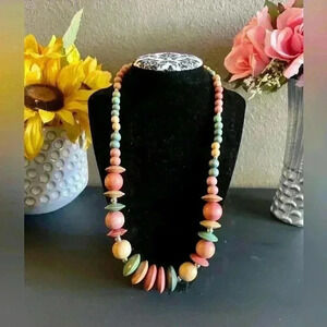 African Multicolor Wooden Beads Tribal Boho Necklace 22”